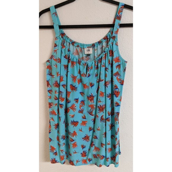 Women's Cabi # 5230 "Tassle Tank" Rayon Palm Leaf Print Aqua Blue/Red SM - Picture 3 of 11